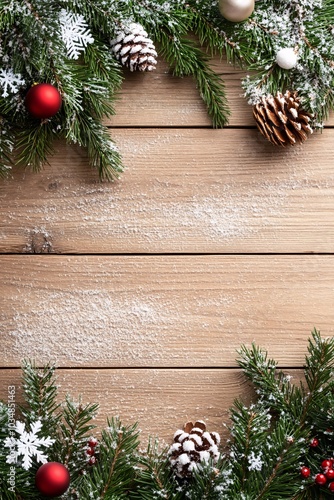 Snowy Pine Branches with Christmas Decorations on Rustic Wood Background.