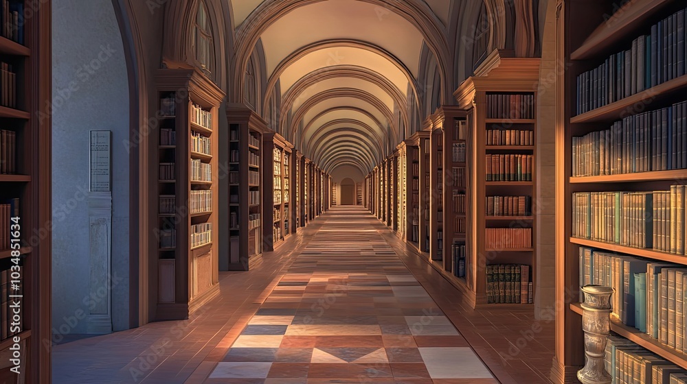 Arched Library Corridor with Bookshelves and Tile Floor Arched Library Corridor with Bookshelves and Tile Floor
