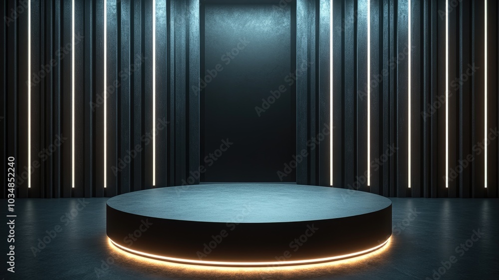 Circular Platform with Neon Lights in a Dark Room with Vertical Panels Circular Platform with Neon Lights in a Dark Room with Vertical Panels