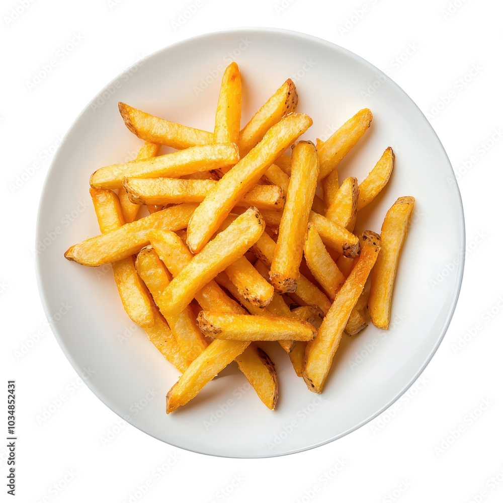 French fries on a plate, isolated on a white background, creating a classic and simple presentation. cutout png French fries on a plate, isolated on a white background, creating a classic and simple presentation. cutout png