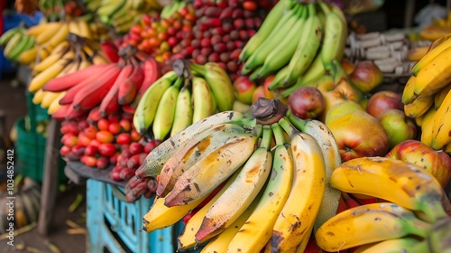 A collection of new bananas at a market for nutritious foods and adding apple