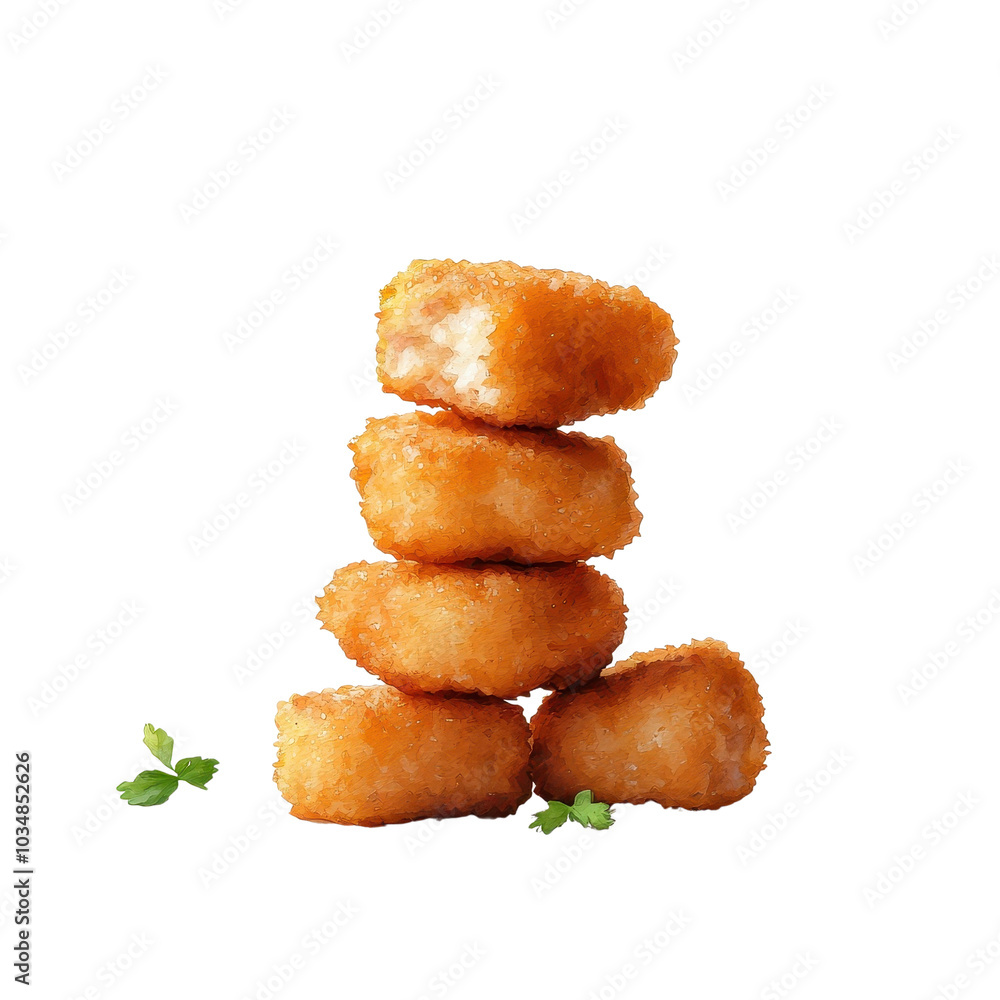Watercolor-style chicken nuggets, isolated on a white background, offering a soft and artistic representation. cutout png Watercolor-style chicken nuggets, isolated on a white background, offering a soft and artistic representation. cutout png