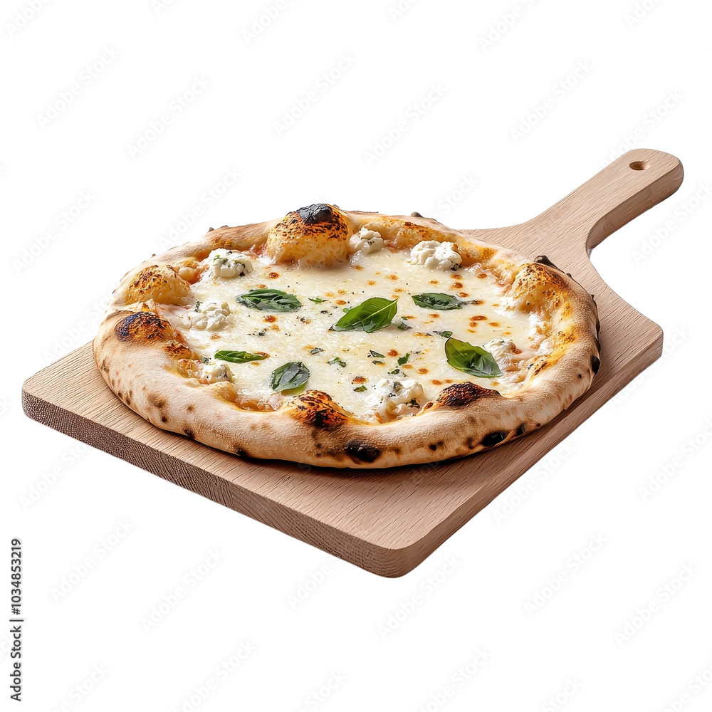 Pizza Quattro Formaggi on a wooden tray, isolated on a white background, rustic and cheesy. cutout png Pizza Quattro Formaggi on a wooden tray, isolated on a white background, rustic and cheesy. cutout png