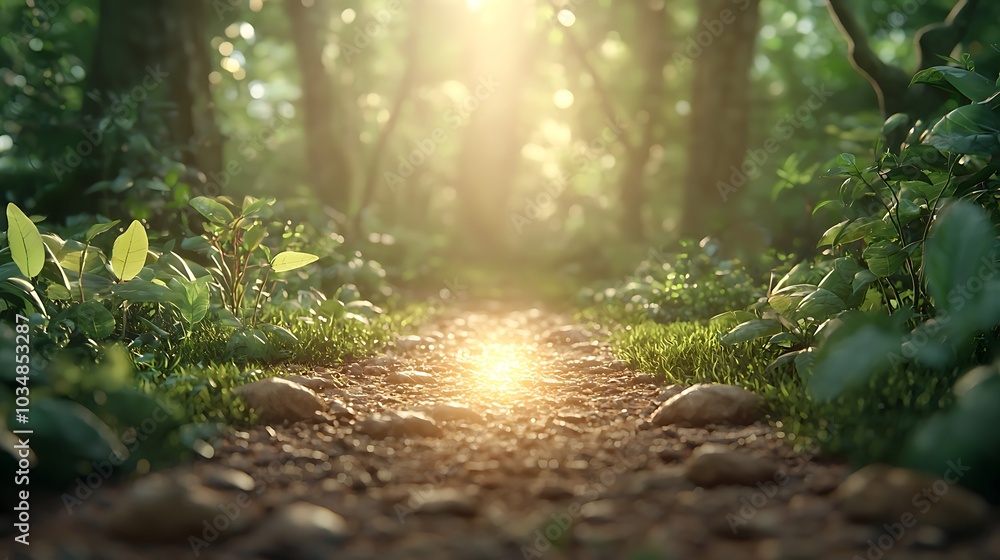 Exploring the enchanted pathway through a lush forest illuminated by the warm glow of morning sunlight Exploring the enchanted pathway through a lush forest illuminated by the warm glow of morning sunlight