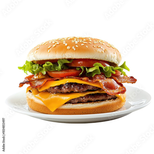 Bacon cheeseburger on a plate, isolated on a white background, highlighting vibrant colors and delicious toppings. cutout png