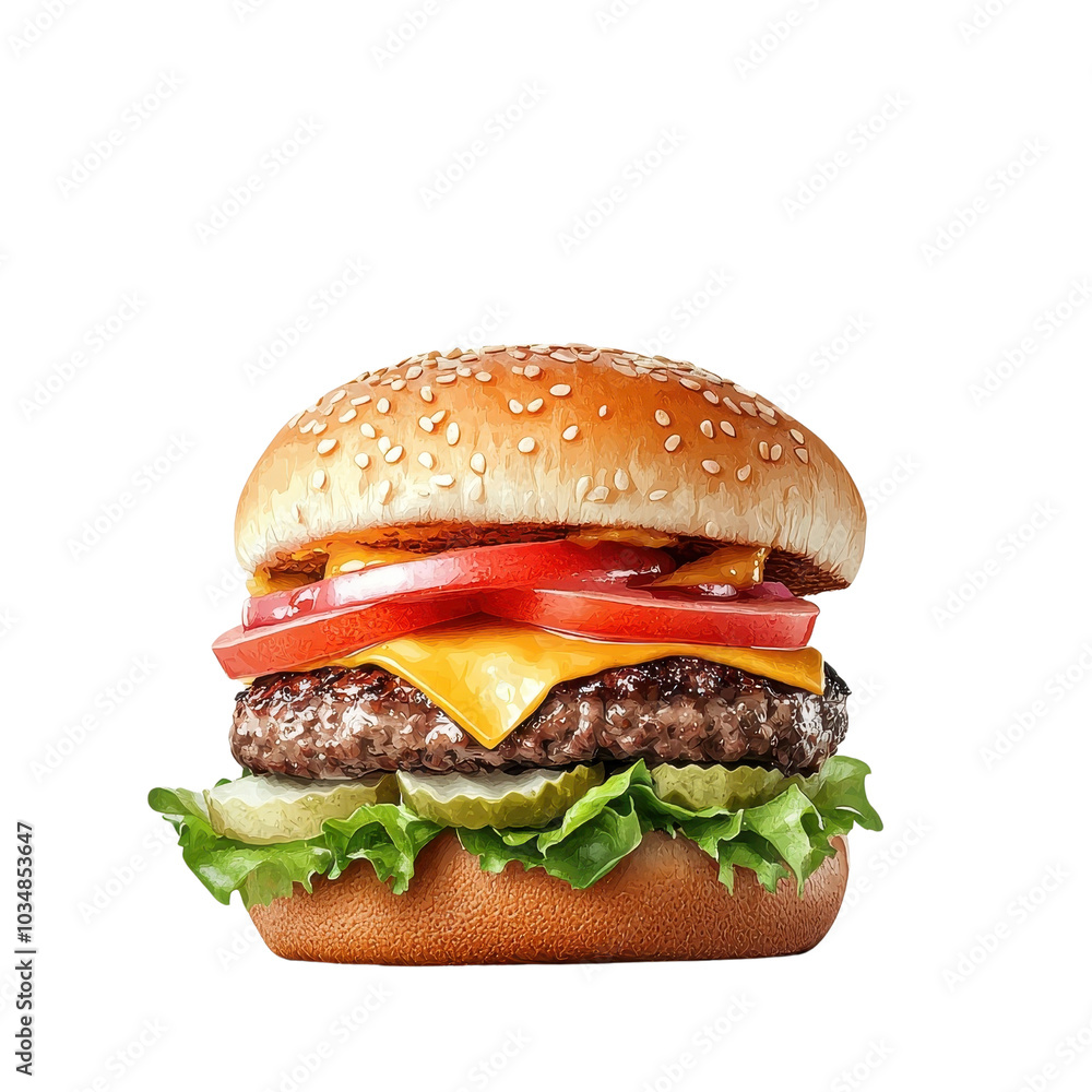 Watercolor-style beef burger, isolated on a white background, soft and visually appealing. cutout png Watercolor-style beef burger, isolated on a white background, soft and visually appealing. cutout png