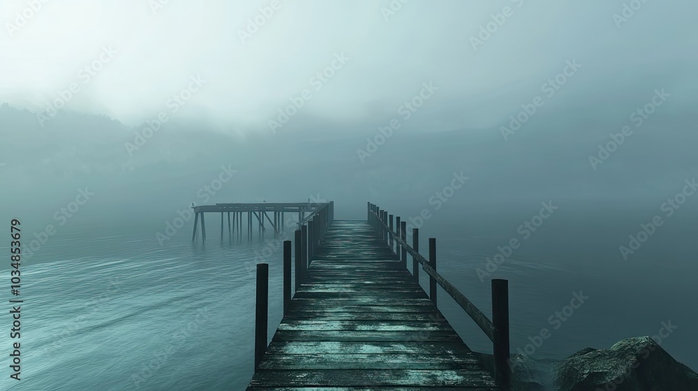 Obraz premium A Foggy Morning View of a Wooden Dock Extending into a Misty Lake