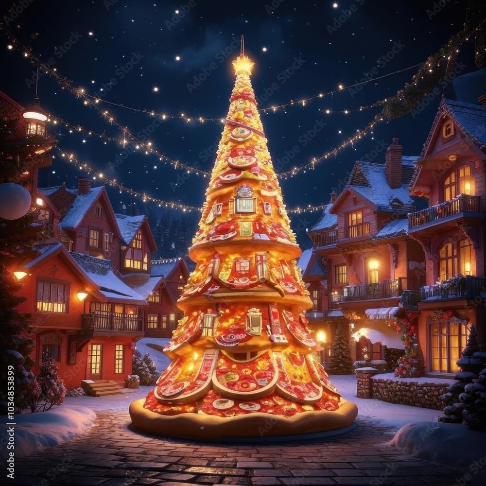 pizza-christmas tree on the street on the night pizza-christmas tree on the street on the night