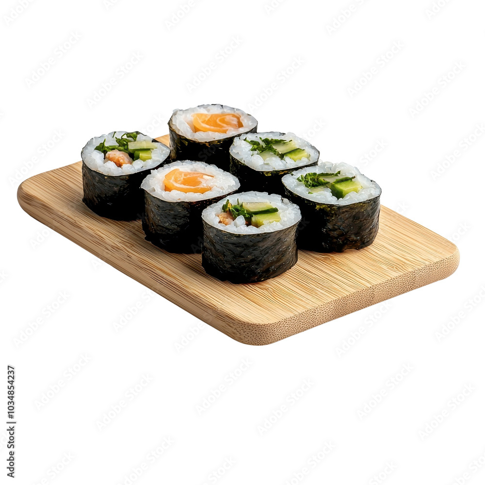 Maki sushi on a wooden tray, isolated on a white background, presenting a rustic and charming look. cutout png Maki sushi on a wooden tray, isolated on a white background, presenting a rustic and charming look. cutout png