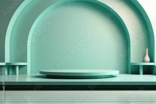 Minimalist Green Room with Circular Platform and Vase