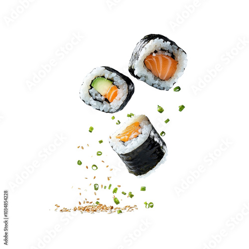 Flying maki sushi, isolated on a white background, creating a fun and whimsical scene. cutout png