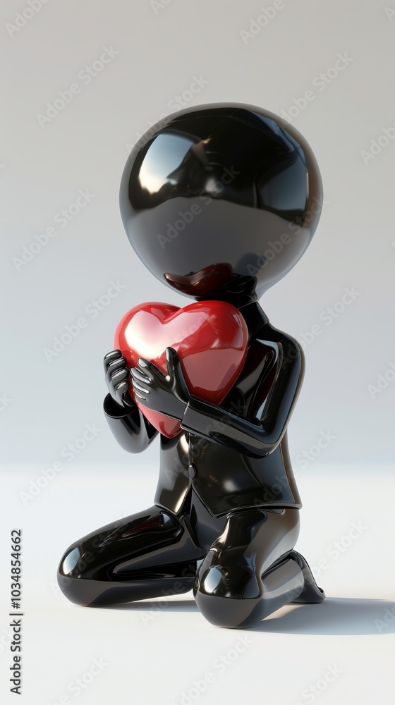 A black figure kneels and holds a bright red heart, symbolizing love and affection in a minimalist setting A black figure kneels and holds a bright red heart, symbolizing love and affection in a minimalist setting