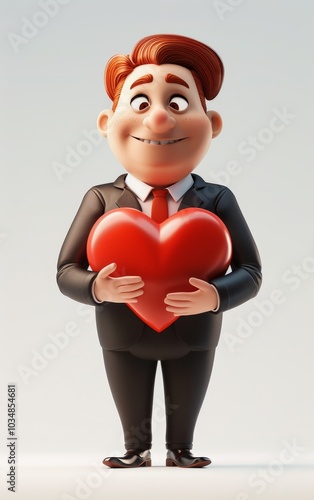 A cheerful animated character in a suit holding a large red heart symbol, set against a simple light background