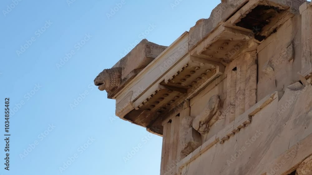 A close-up view of the Parthenon's intricate architecture and details under the summer sun.