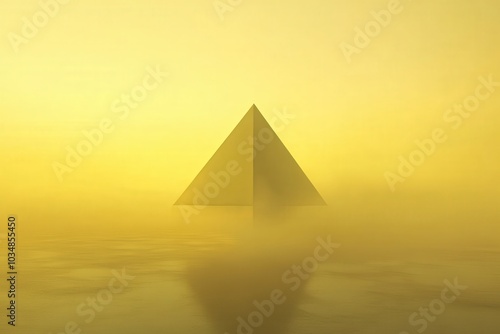 A Golden Pyramid Emerging from Fog on a Calm Sea