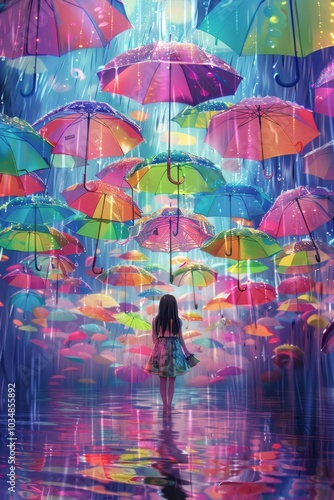 A girl stands in a colorful umbrella forest during a rainy day, surrounded by vibrant reflections on the water beneath her feet