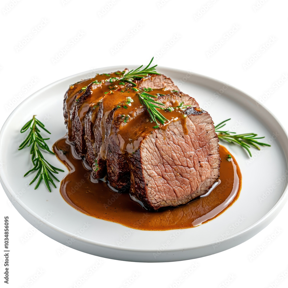 Oozing sauce over the roast beef, isolated on a white background, tempting and appetizing appearance. cutout png Oozing sauce over the roast beef, isolated on a white background, tempting and appetizing appearance. cutout png