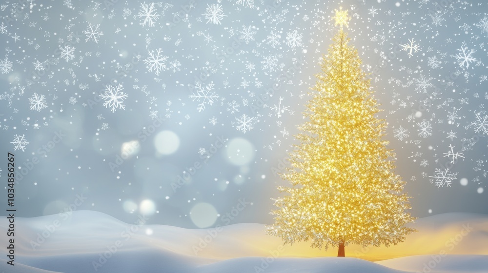 A glowing Christmas tree in the center of a snowy winter wonderland with shimmering snowflakes A glowing Christmas tree in the center of a snowy winter wonderland with shimmering snowflakes