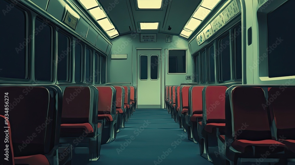 Fototapeta premium Empty train car interior with red seats and a closed door