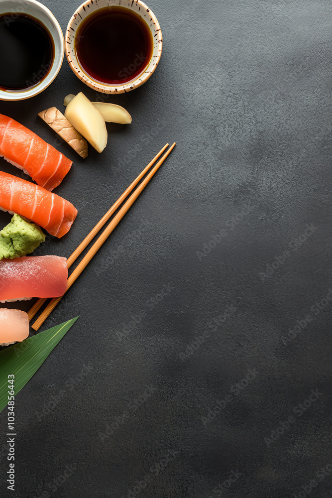 Sushi platter with chopsticks and sauces Sushi platter with chopsticks and sauces