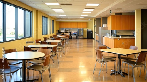 Modern Office Break Room with Tables and Chairs