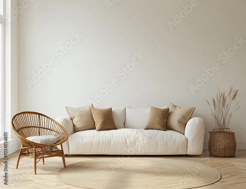 A living room with a white sofa and rattan chair, in a boho style