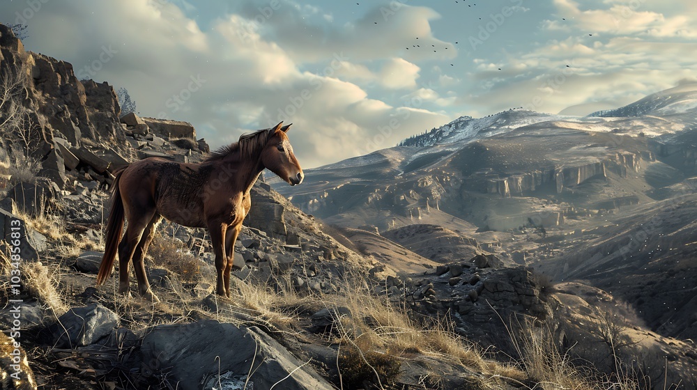 A colt stranded on a mountainous gradient A colt stranded on a mountainous gradient
