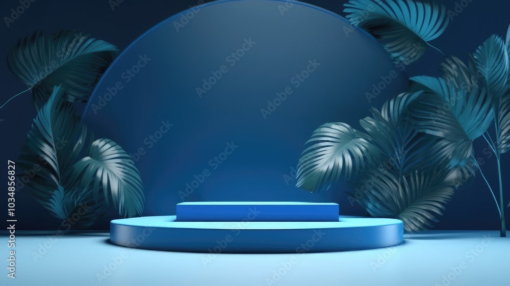 Obraz premium Blue Product Display with Tropical Leaves and Circle Background