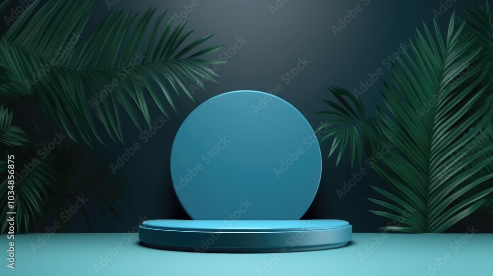 A Circular Blue Platform with Palm Leaves on a Dark Blue Background A Circular Blue Platform with Palm Leaves on a Dark Blue Background