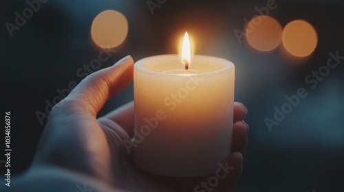 Hand holding a burning candle, warm glow illuminating fingers against dark background