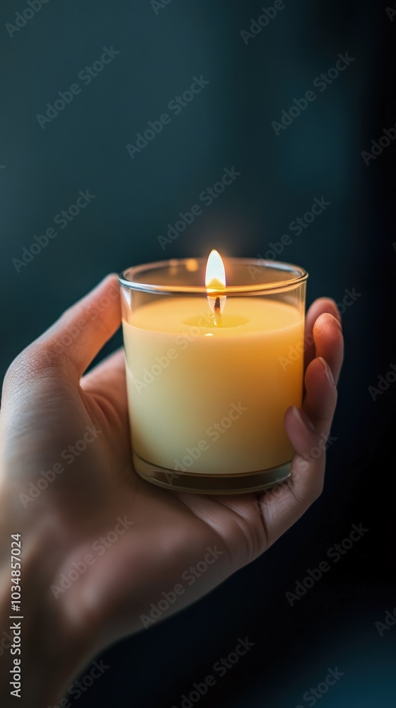 Hand holding a burning candle, warm glow illuminating fingers against dark background Hand holding a burning candle, warm glow illuminating fingers against dark background