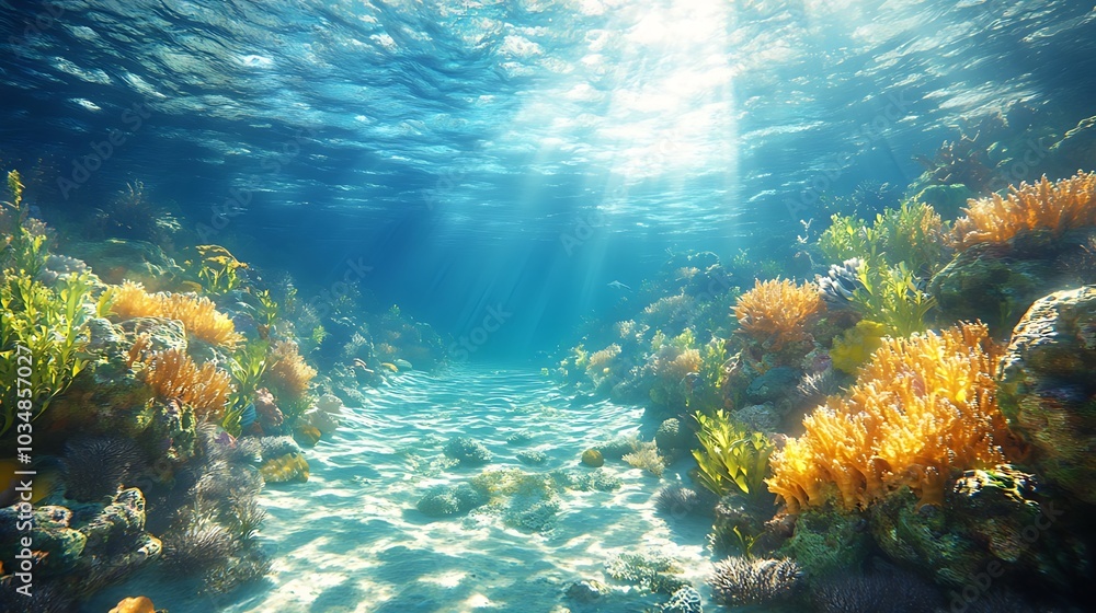 Underwater view of a vibrant coral reef with sunlight streaming down. Underwater view of a vibrant coral reef with sunlight streaming down.