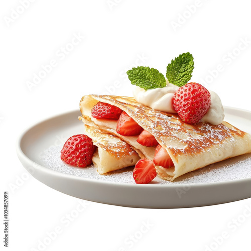 Strawberry crepe on a plate, isolated on a white background, elegantly presented to showcase its delicious filling. cutout png