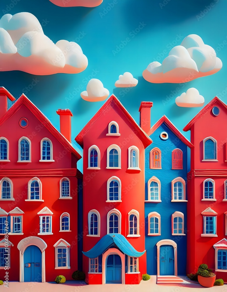 Vibrant 3D Colorful Houses with Blue Windows and Doors under Puffy Clouds Vibrant 3D Colorful Houses with Blue Windows and Doors under Puffy Clouds