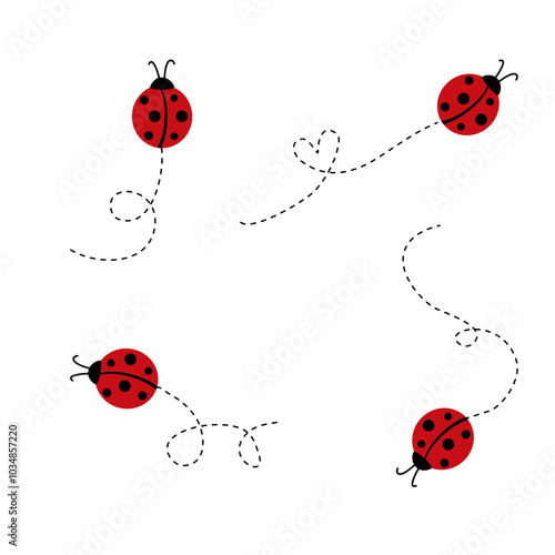 Ladybugs flying on dotted route icon set isolate on white background.