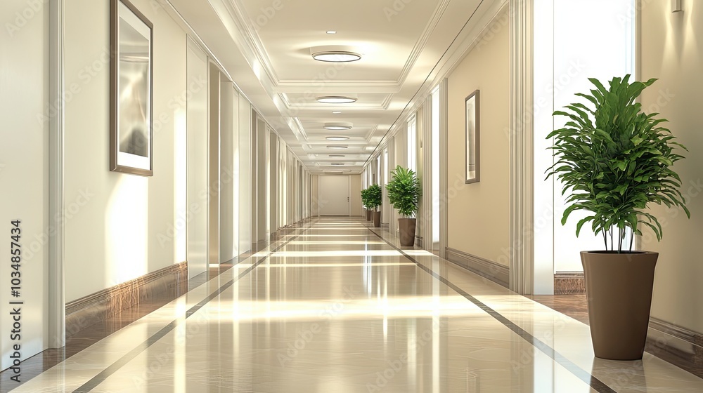A Luxurious Hallway with White Walls, Marble Floor, and Potted Plants A Luxurious Hallway with White Walls, Marble Floor, and Potted Plants