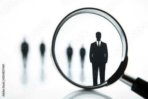 Magnifying glass symbolically searching for candidate on white background representing recruitment and talent acquisition