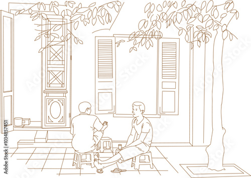 two man sitting, drinking tea in morning at street vendors in Hanoi ancient town