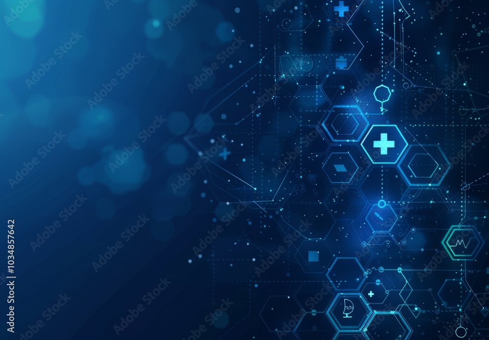 Abstract digital background featuring health and science icons on a blue gradient