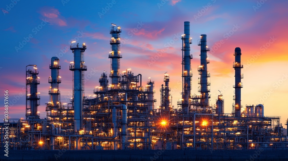 Fototapeta premium Oil refinery plant at sunset
