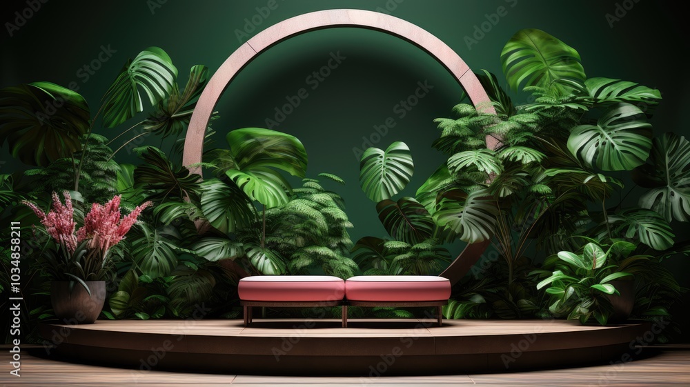 Two Pink Benches Surrounded by Lush Greenery and an Archway Two Pink Benches Surrounded by Lush Greenery and an Archway
