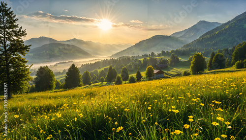 Lever de soleil sur la vallée fleurie photo