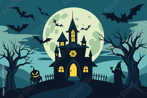 Halloween background with full moon and hunted house - Generative AI
