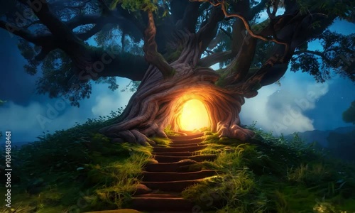 Enchanted Tree with Glowing Entrance in Mystical Forest at Night photo