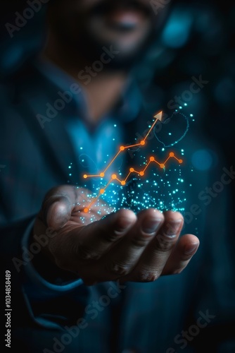 A business professional displaying a glowing upward trend in graphs while presenting innovative financial concepts in a modern office setting photo