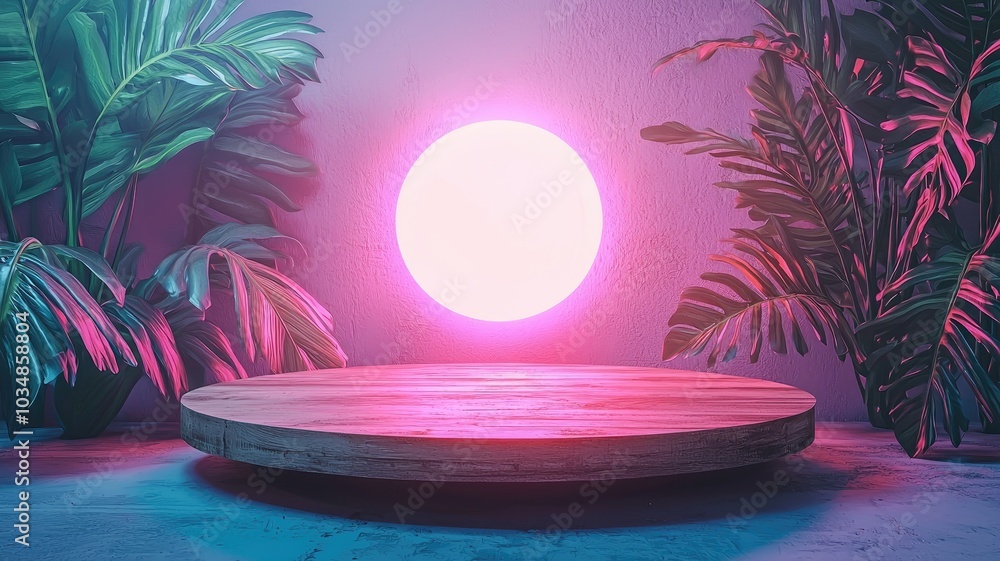 Obraz premium Wooden Platform with Tropical Leaves and Neon Lighting