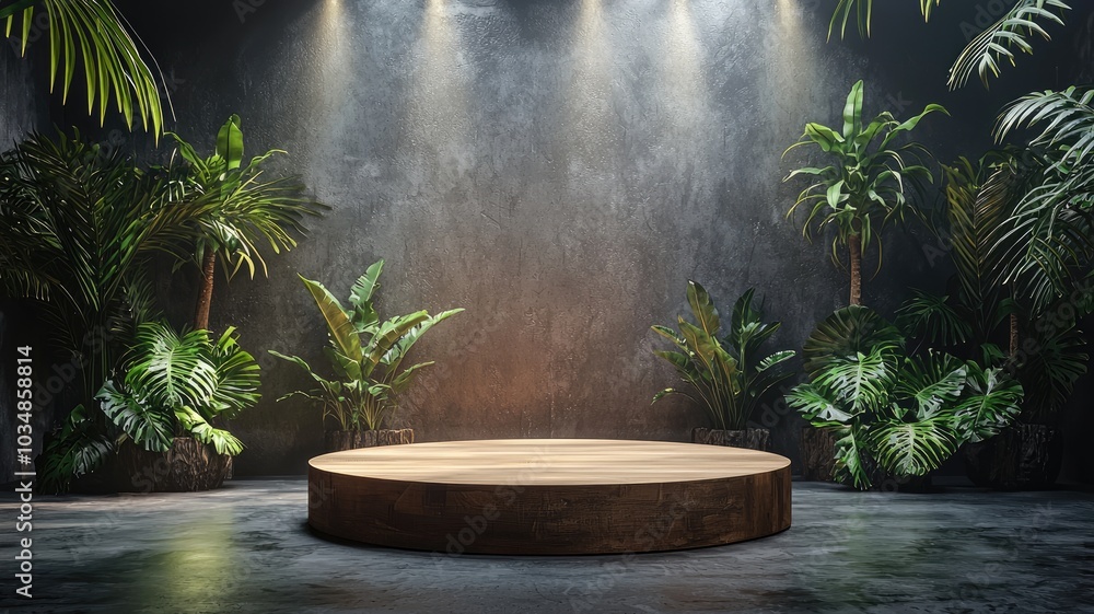 Wooden Platform Surrounded by Tropical Plants in a Dark Room with Spotlights Wooden Platform Surrounded by Tropical Plants in a Dark Room with Spotlights