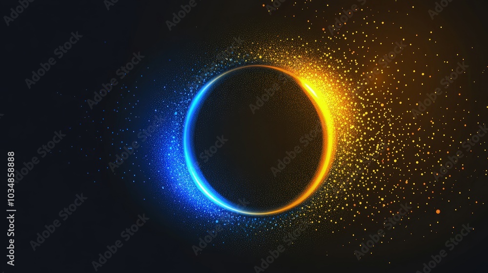 Abstract background with glowing light circle and stars in blue, yellow, and black for vibrant banner design Abstract background with glowing light circle and stars in blue, yellow, and black for vibrant banner design
