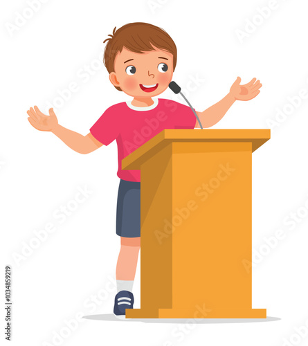 Cute little boy giving a speech on podium
