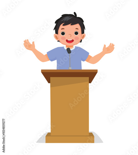 happy little boy giving a speech on podium